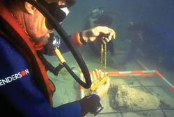 A diver examines gold bars and chains found on the site of the Nuestra Señora de Atocha shipwreck about 35 miles off Key West, Fla. Photo by Pat Clyne/Mel Fisher Museum